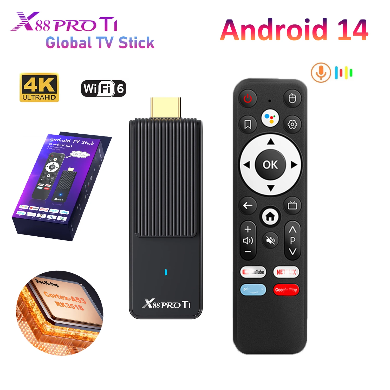 عصا التلفاز الذكية X88 PRO T1 Android TV Stick Android 14 RK3518 Wifi6 4K مشغل الوسائط صوت عن بعد مساعد جهاز التلفزيون العالمي