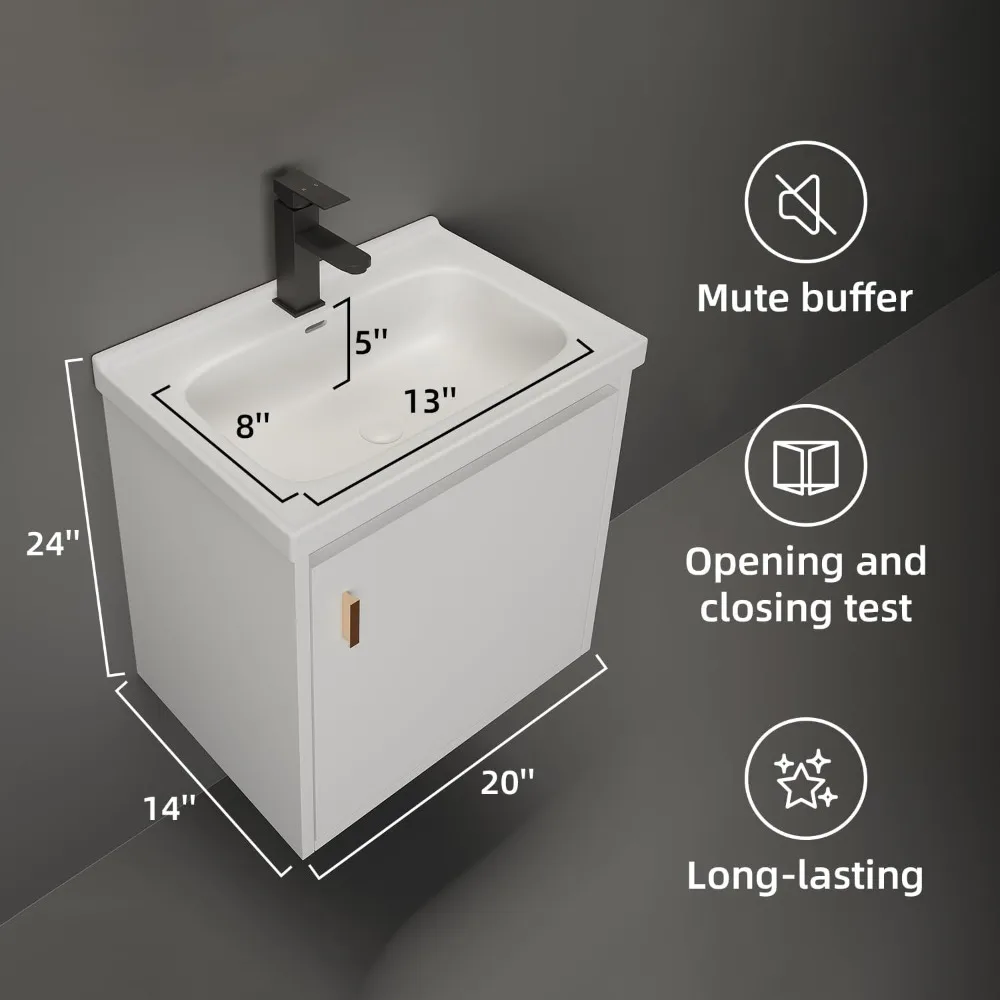 シンク付き20インチバスルームバニティ、ソフトクローズドア付き小型フローティングバニティ、モダンなキャビネット、蛇口、ポップアップ排水管、Pトラップ付属