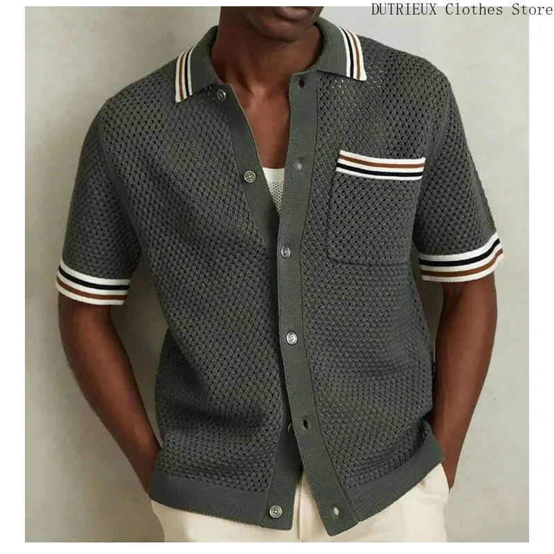 Business Leisure High Quality Lapel Men's Knit Shirt, Summer New Hollow-knit Men's Shirt, Street Fashion Brand Men's Cardigan