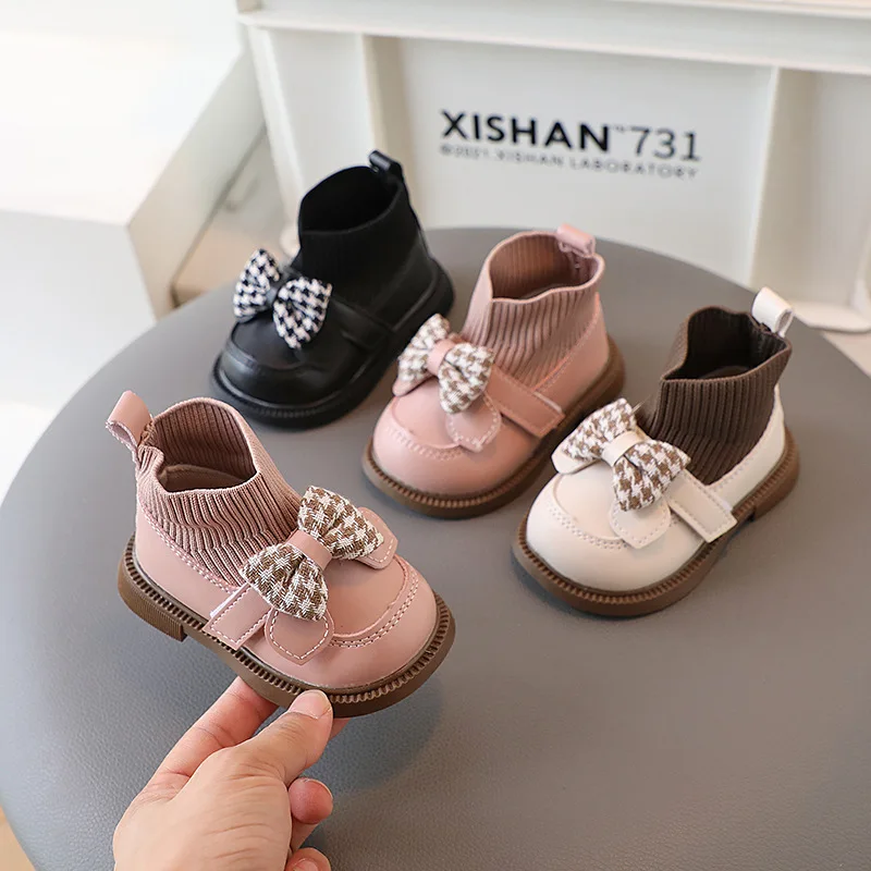 Winter Infant Girl\'s Sock Boots Chunky Bow Elegant Cute Children Casual Knitted Short Boot  Toddler Girl Patent Leather Shoes