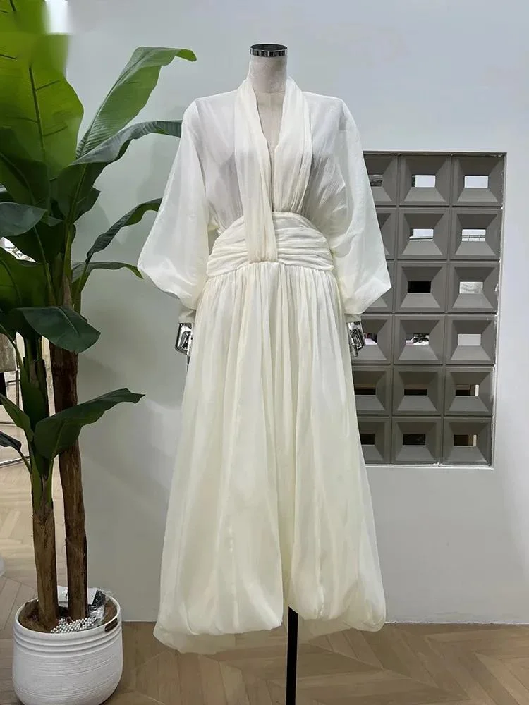 

Fashion Beige Dress Women's Deep V-neck Loose Lantern Sleeves High Wiast A-line Dresses Autumn New 3LBSG
