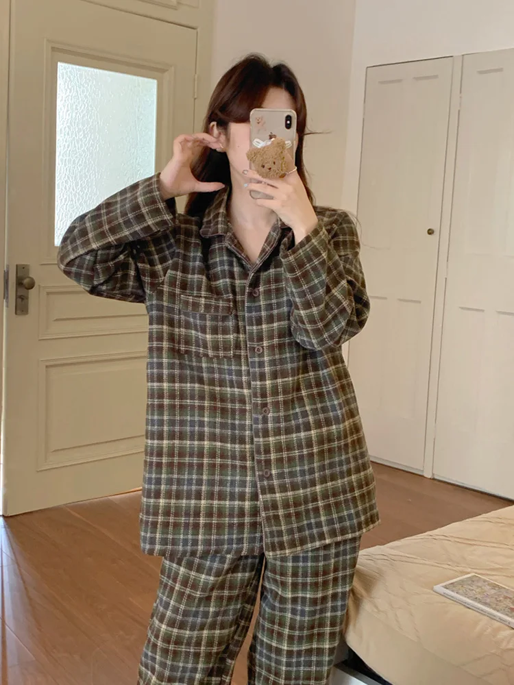 New Home Lovers Christmas 2colors Stripe Plaid Winter Vintage Long Sleeve Pajama Set Women Loose Kawaii Elegant Lazy Sleep Tops