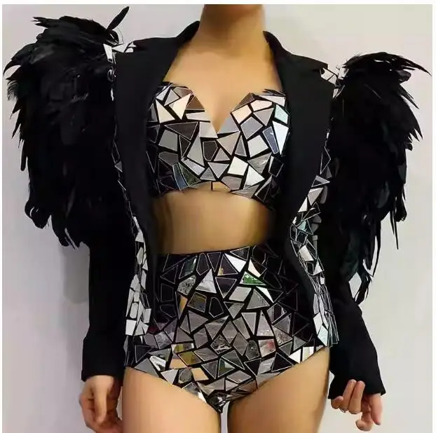 

Nightclub Female Singer's Shiny Metal Mini Skirt, Sexy Dress With Feather Sequins, Bright Mirror,