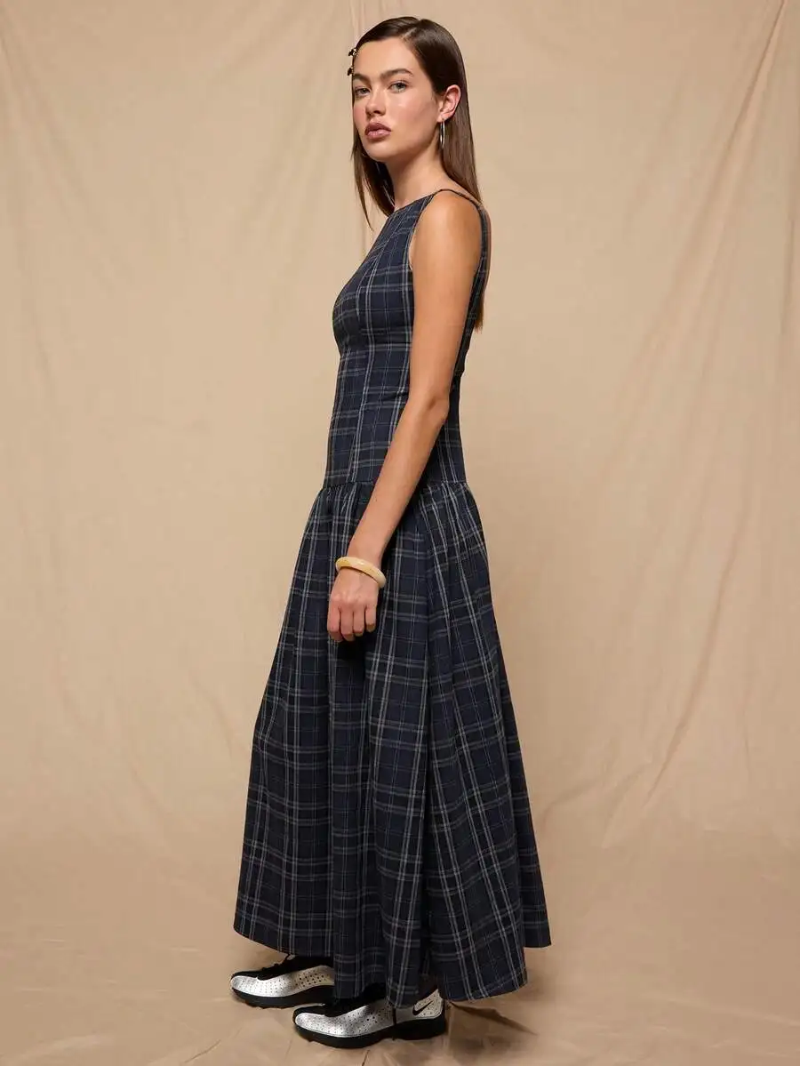 

Backless Pinafore Maxi Dress In Plaid Check Pattern Women Sleeveless A-Line Floor Length Summer Spring Casual Dress
