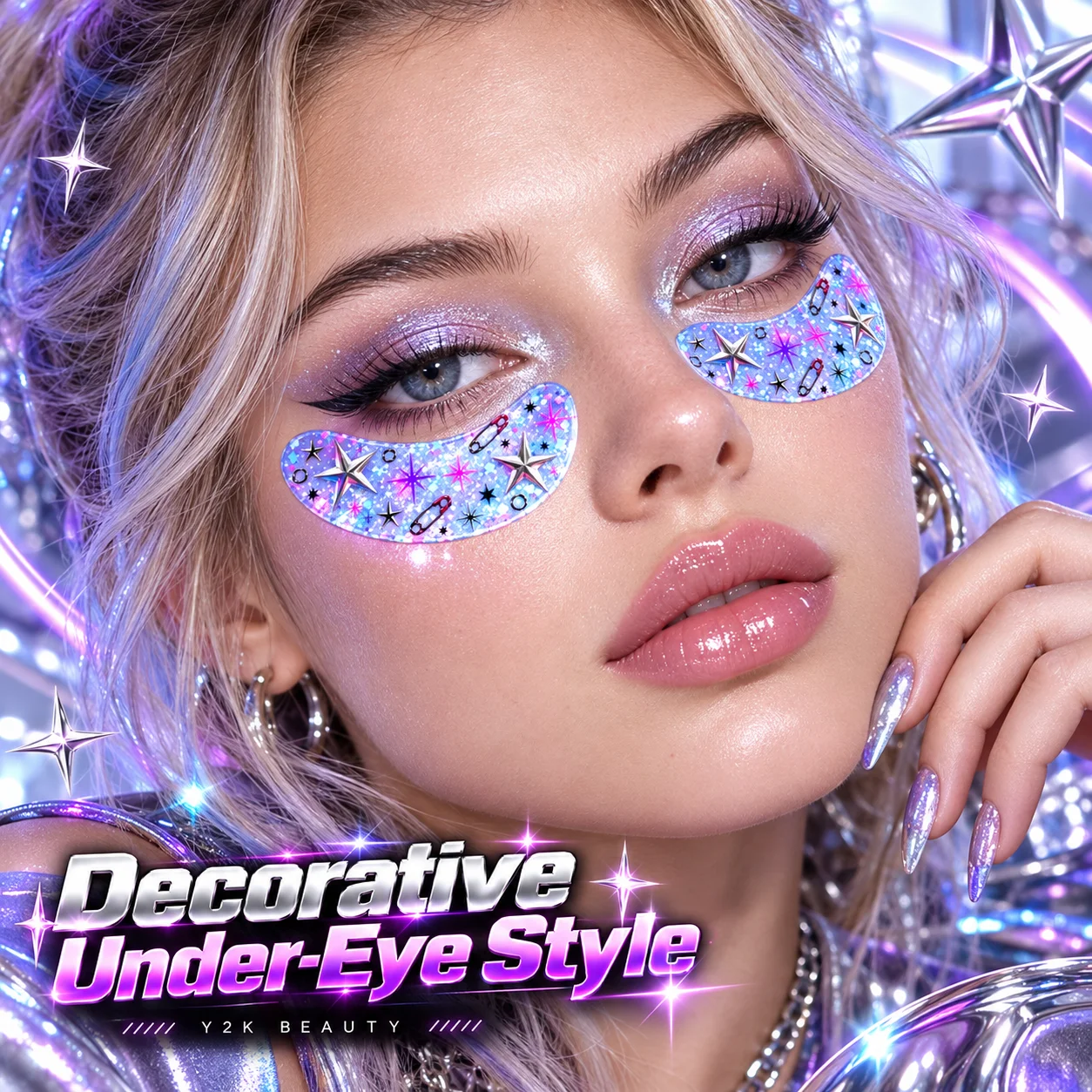 10/5/1 Pairs Y2K Cyberpunk Eye Stickers, Blue Glitter Star & Safety Pin Under-Eye Patches for Halloween Costume Makeup & Parties