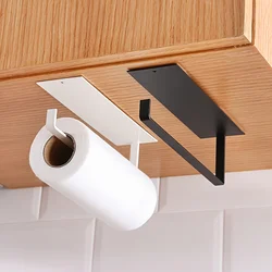 Kitchen Carbon Steel Paper Towel Holder No Punch Cabinet Paper Shelf Household Roll Paper Hanger Plastic Wrap Rag Storage Rack