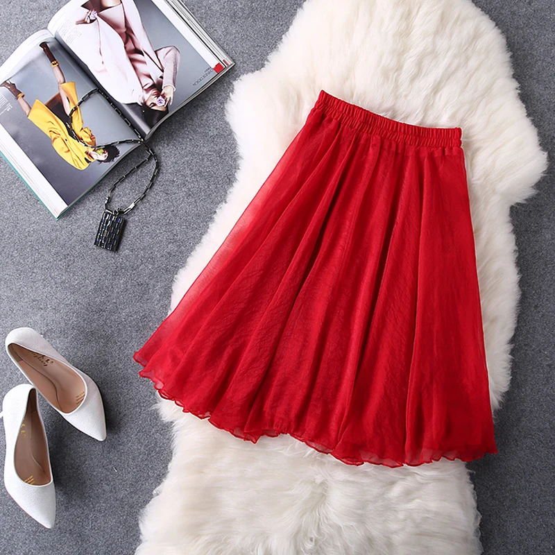 

Elegant Women Pleated Skirts Sweety Girls Ruffled Skirt Female Chiffon&Faux Silk Skirts Women Clothing W004