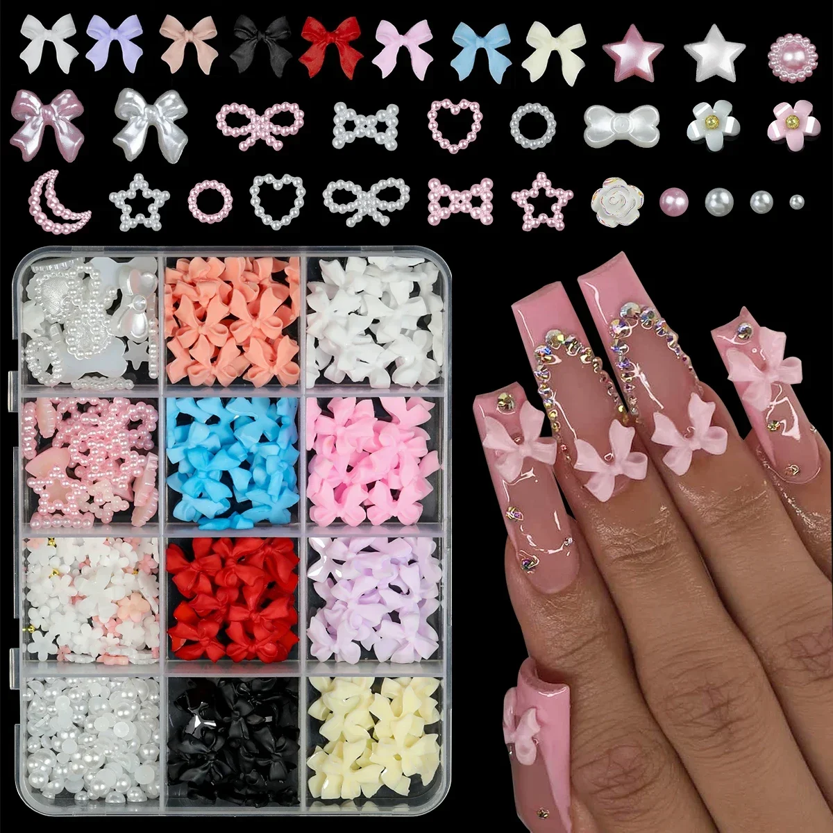 

6/7/12 grids 3D Nail Charms and Pearls Bows Charm Pink&White Star Heart Moon Cute Nail Jewels for Nail Art DIY Decorations
