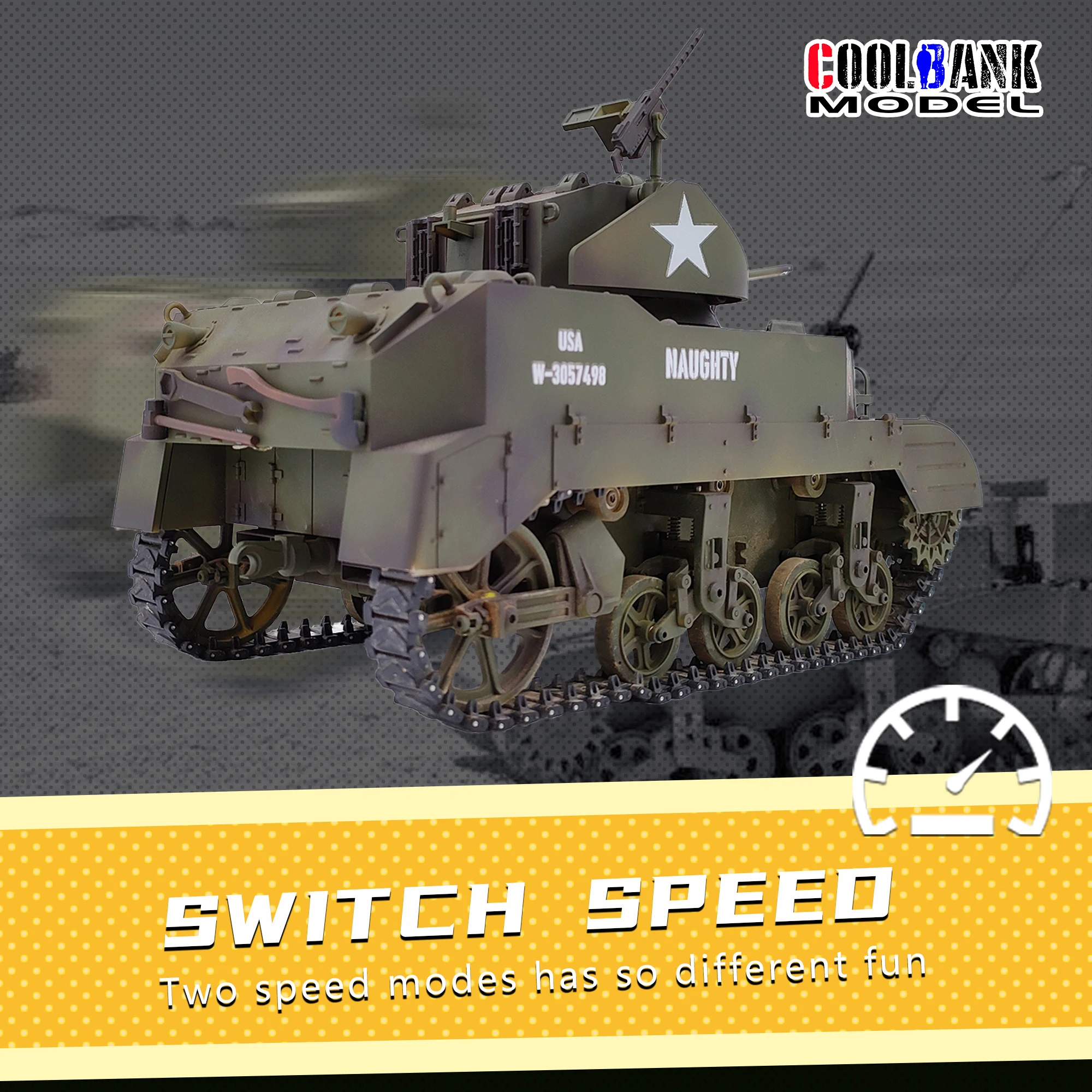 クールバンク 1/16 2.4Gリモートコントロール軽戦車、米国M5A1スターチュート戦車シミュレーションミリタリービークルモデル（サウンド、ライト、スモーク付き）大人向け