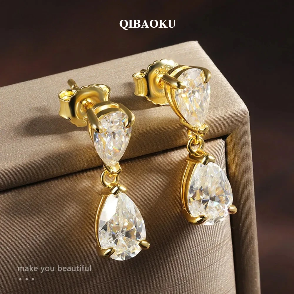 QIBAOKU D VVS1 Pear Moissanite Drop Earrings for Women with GRA Diamond Solid S925 Silver Plated 18k Gold Wedding Earring 2026