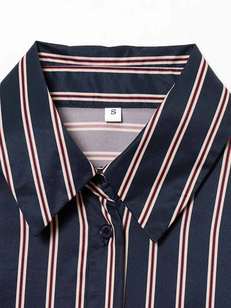 النمط الأوروبي والأمريكي الشتاء المرأة الجديدة مزاجه عارضة بسيطة طية صدر السترة بأكمام طويلة زر أسفل قميص مخطط #4