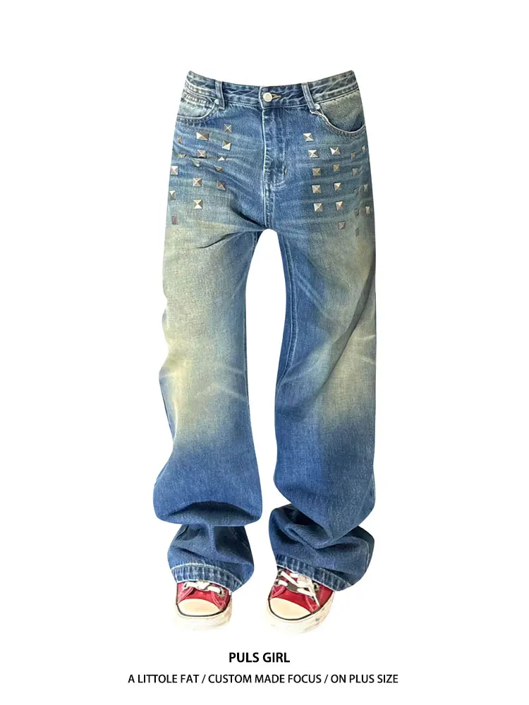 

Американские женские джинсы большого размера с квадратными заклепками, свободные, прямые, длинные брюки с высокой талией, повседневные, летние, новые, с эффектом потертости