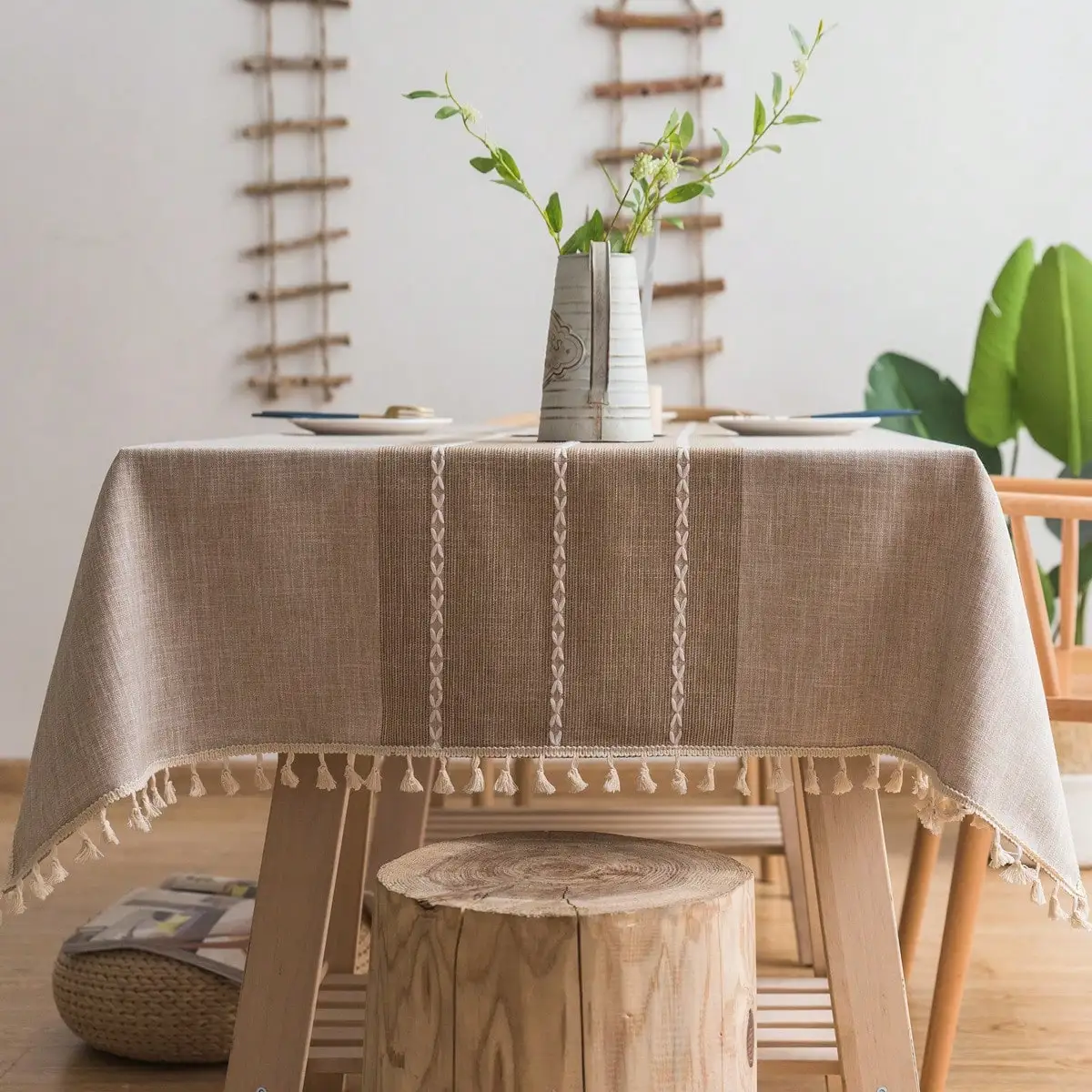 

Rustic Linen Tablecloth with Tassel Trim and Woven Stripe Pattern