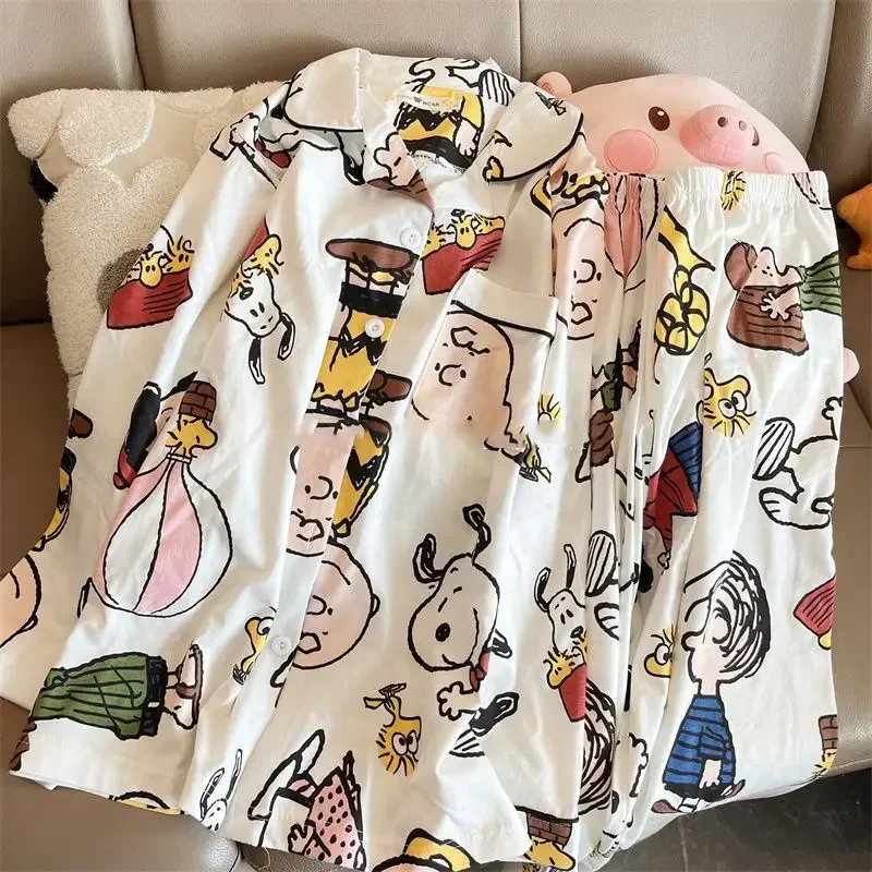 

Snoopy Japanese Cartoon Pajama Girl Boy Spring and Autumn Cute Cartoon Long Sleeve Pants Pajama Home Clothes sleepwear nightgown