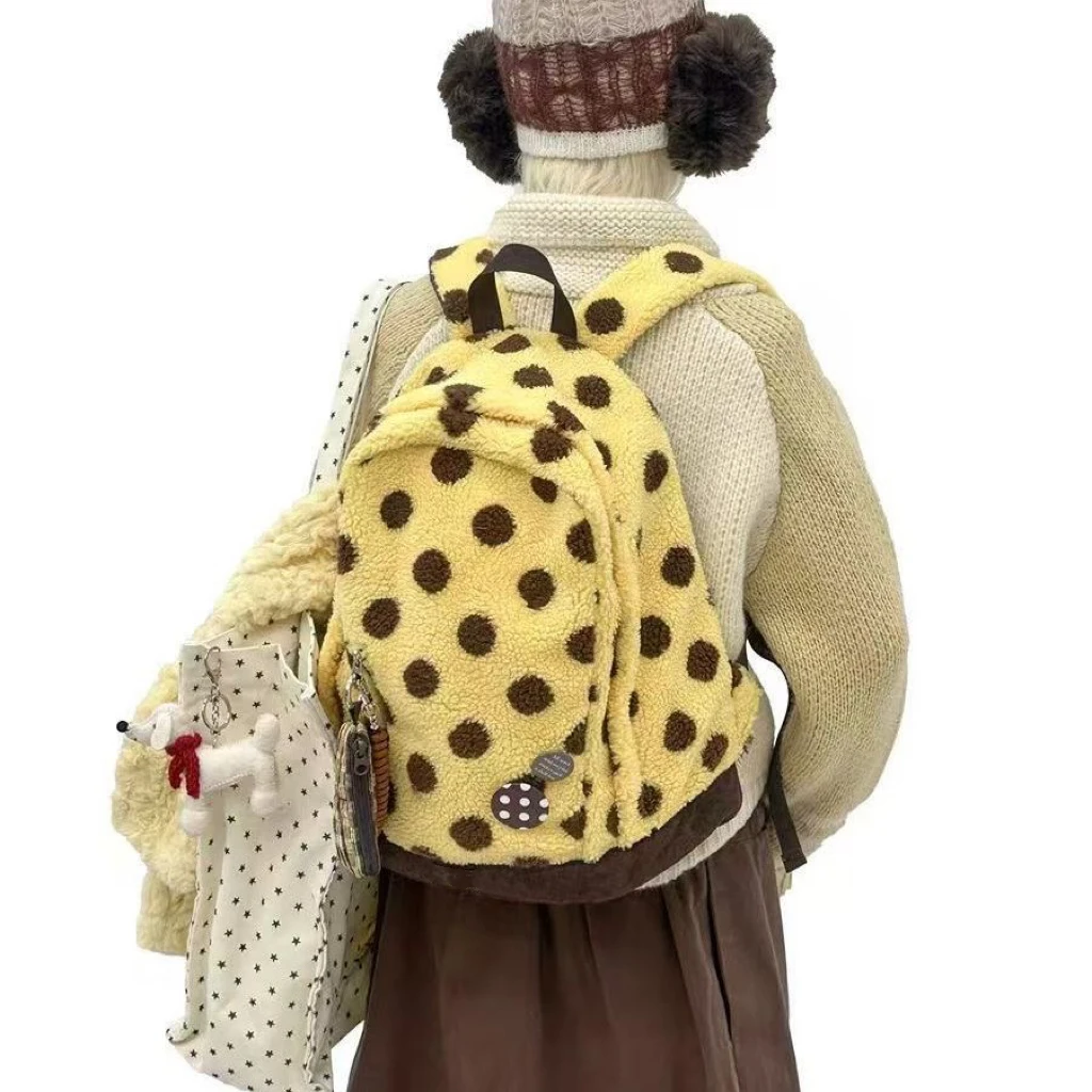

Mirenbu Casual Lamb Fur Spliced Large Capacity Shoulder Backpack Polka Dot Stripe Pattern Plush Bookbag for Young Adults