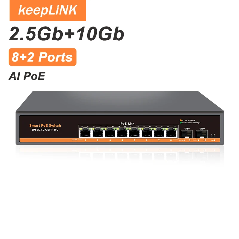 KeepLiNK 10-Port Multi-Gigabit Unmanaged Ethernet Switch with 8 X 2.5GbE IEEE 802.3af/at PoE+ Ports and 2 X 10Gb SFP+ for Uplink