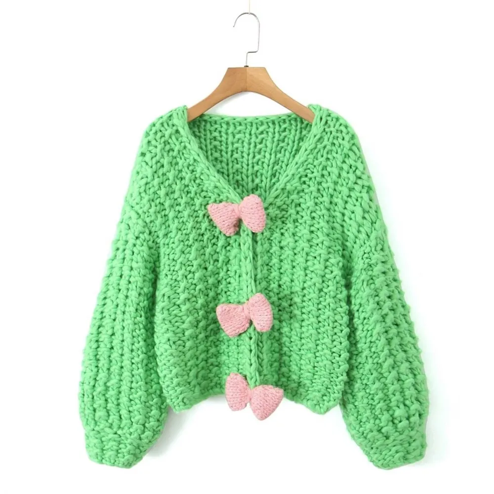 Sweet Beige 3D Bow Hand Made Crochet Cardigan Retro Woman V neck Lantern sleeve Knitting Sweater Loose Knitwear Jumper Green