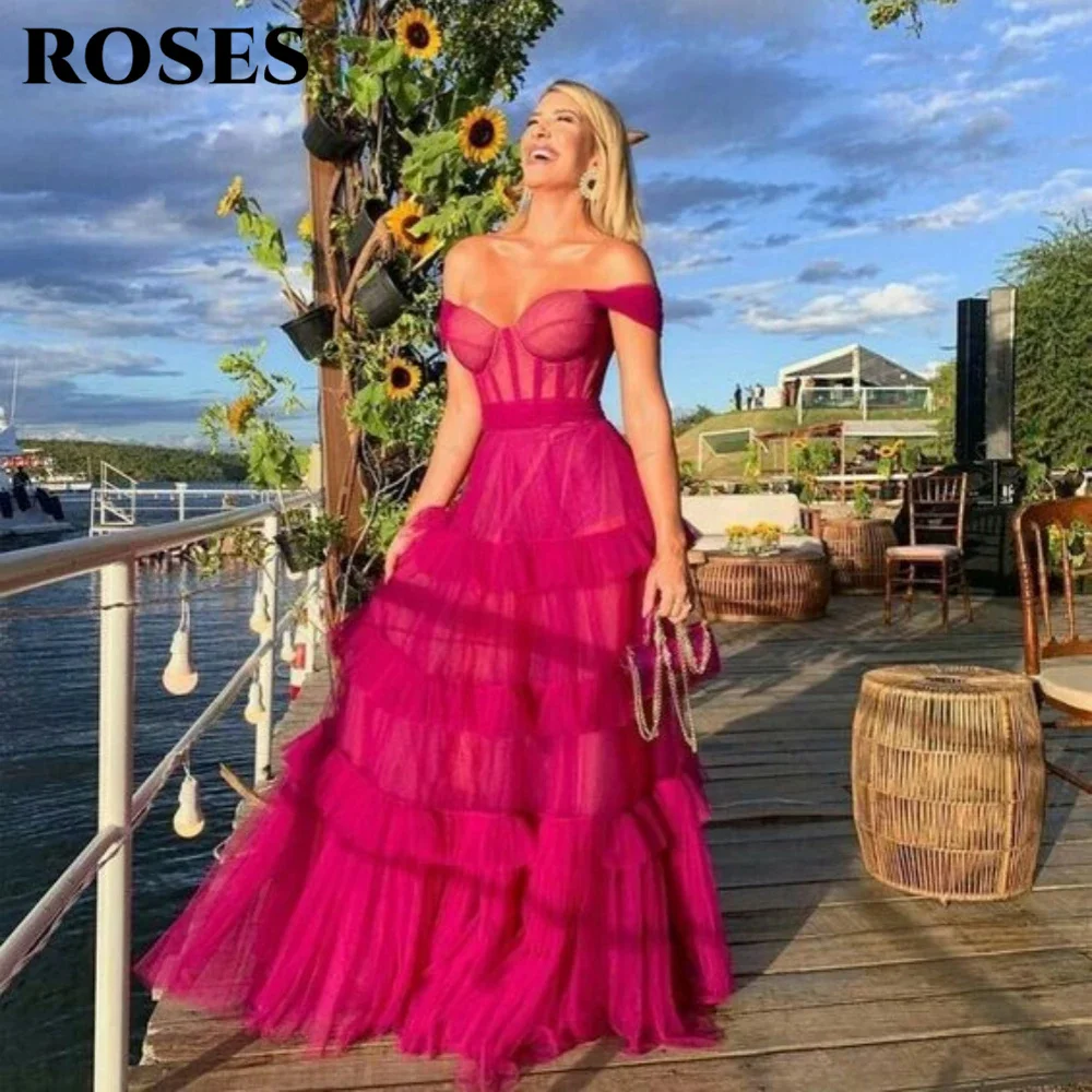 

ROSES Fuschia Tiered Ruffles Tulle Prom Dresses Sweetheart Sleeveless Pleat Ruched Saudi Arabic Evening Party Gown robe soirée