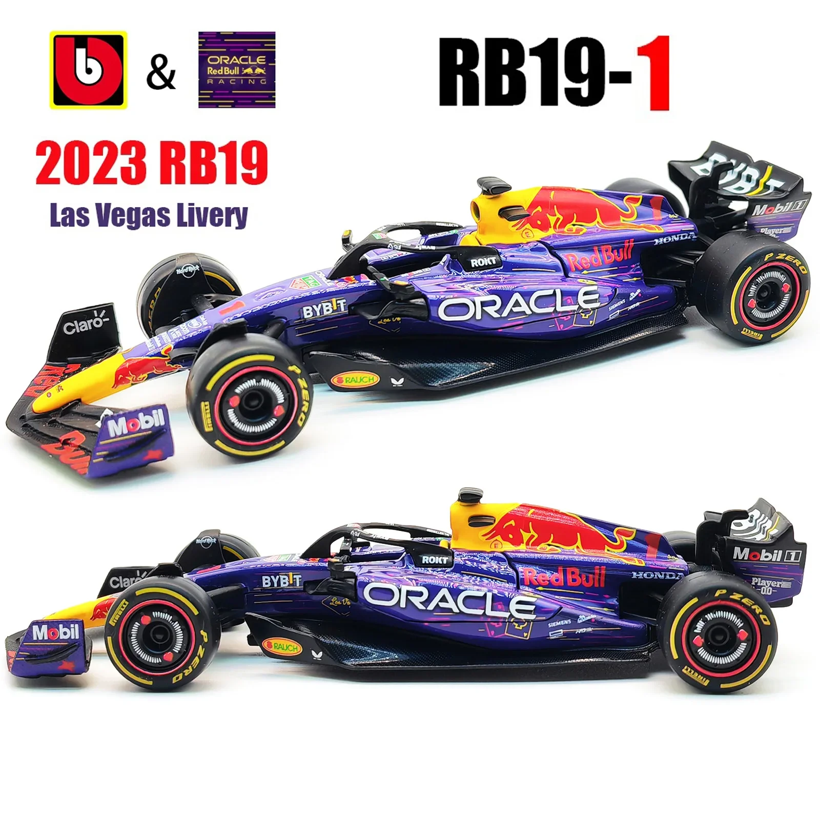 ブラーゴ-鋳造合金カーモデル,スケール1:43, F1レッドブル,rb19 2023,rb19ラベル,rvegas livery #1 verstappen #11 perez,収集可能なおもちゃ