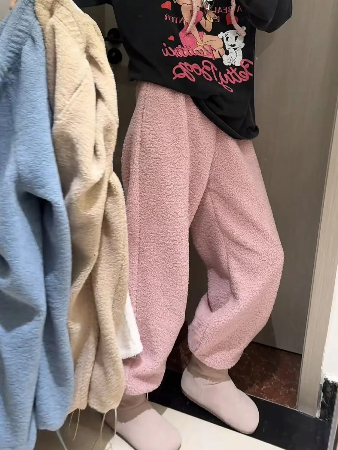 

Double Sided Lambswool Sweatpants Pink Fleece Fluffy Joggers Women Winter Thick Warm Baggy High Waist Pants Korean Y2K Trousers