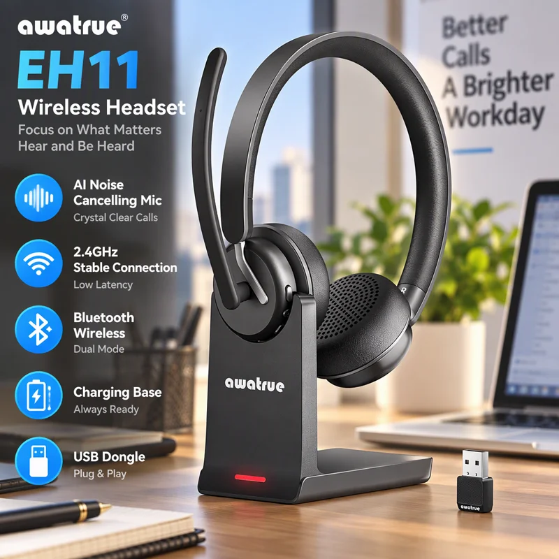 Awatrue Kabelloses Headset Bluetooth-Kopfhörer mit KI-Geräuschunterdrückungsmikrofon & Ladestation 2,4GHz Kopfhörer mit USB-Dongle