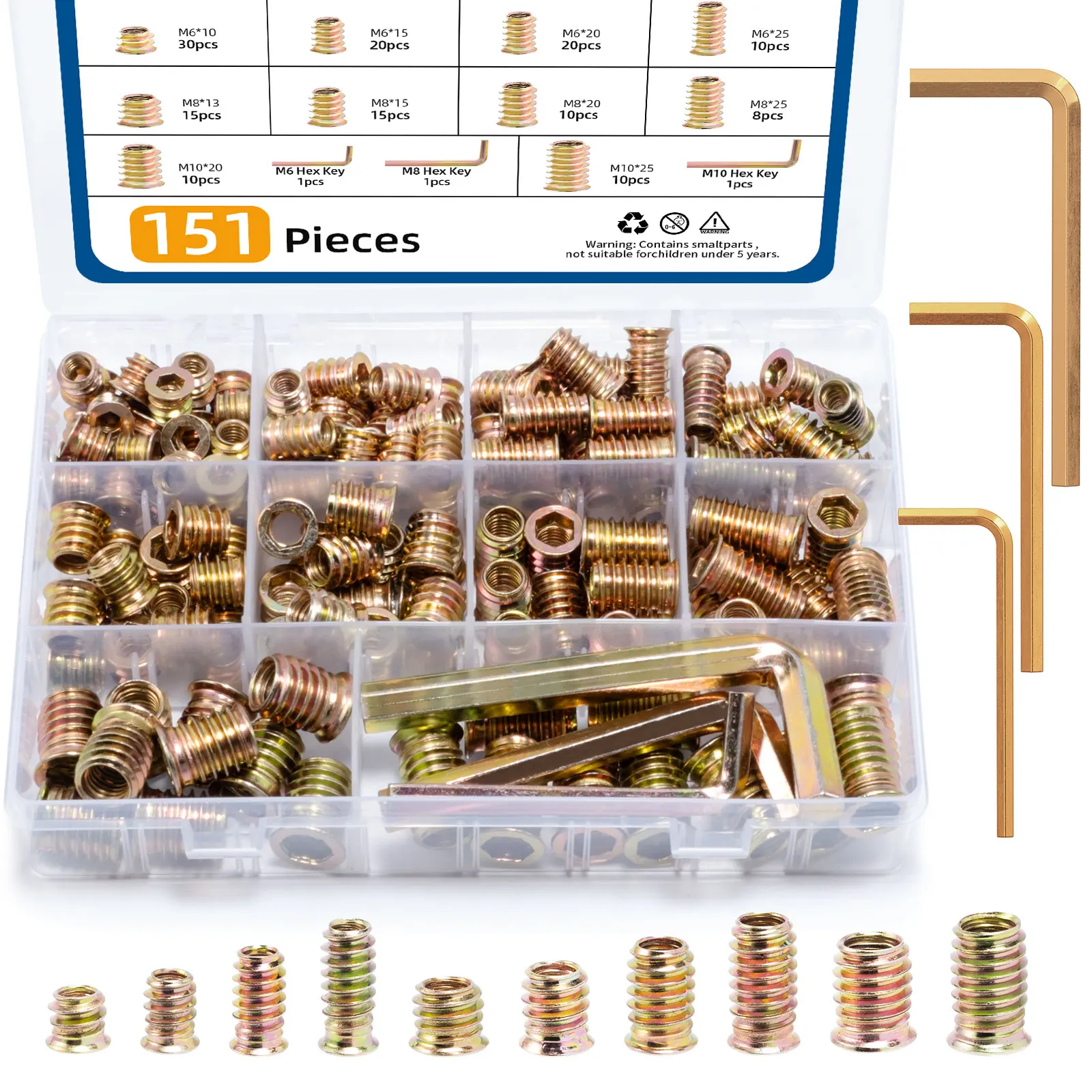 

151pcs Hex Threaded Inserts Wood M6 M8 M10 Hex Socket Drive Carbon Steel Screw Nuts Assortment Hex Wrench Woodworking Furniture