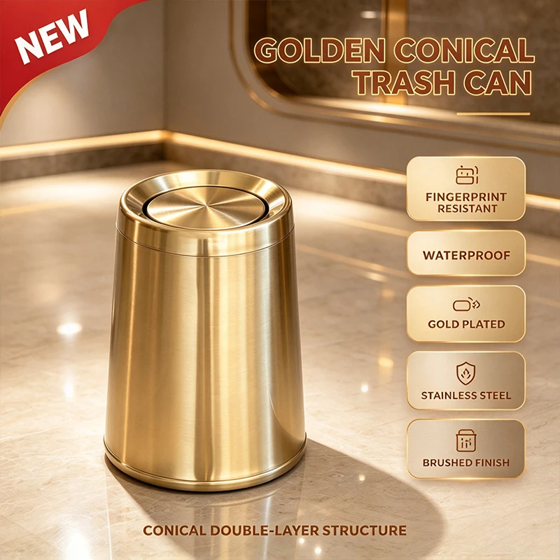 8L Home Swing Gold Bathroom trash can, Gold trash bin with  lid, suitable for indoor or outdoor