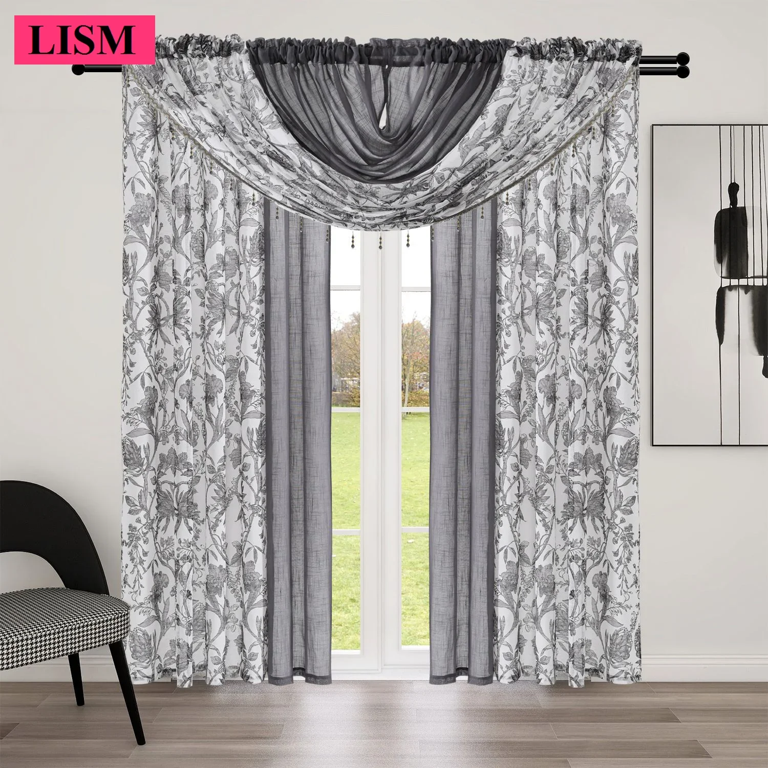 Custom Simple Plant Print Splicing Window Screen Blackout Curtains for Living Room Bedroom Decor Lace Jacquard beadValance Tulle