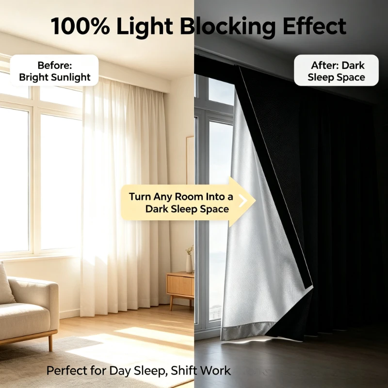 1pc Self-Adhesive No-Drill Curtains with Hook and Loop, 100% Blackout Drapes for Living Room Bedroom Balcony, Easy to Remove