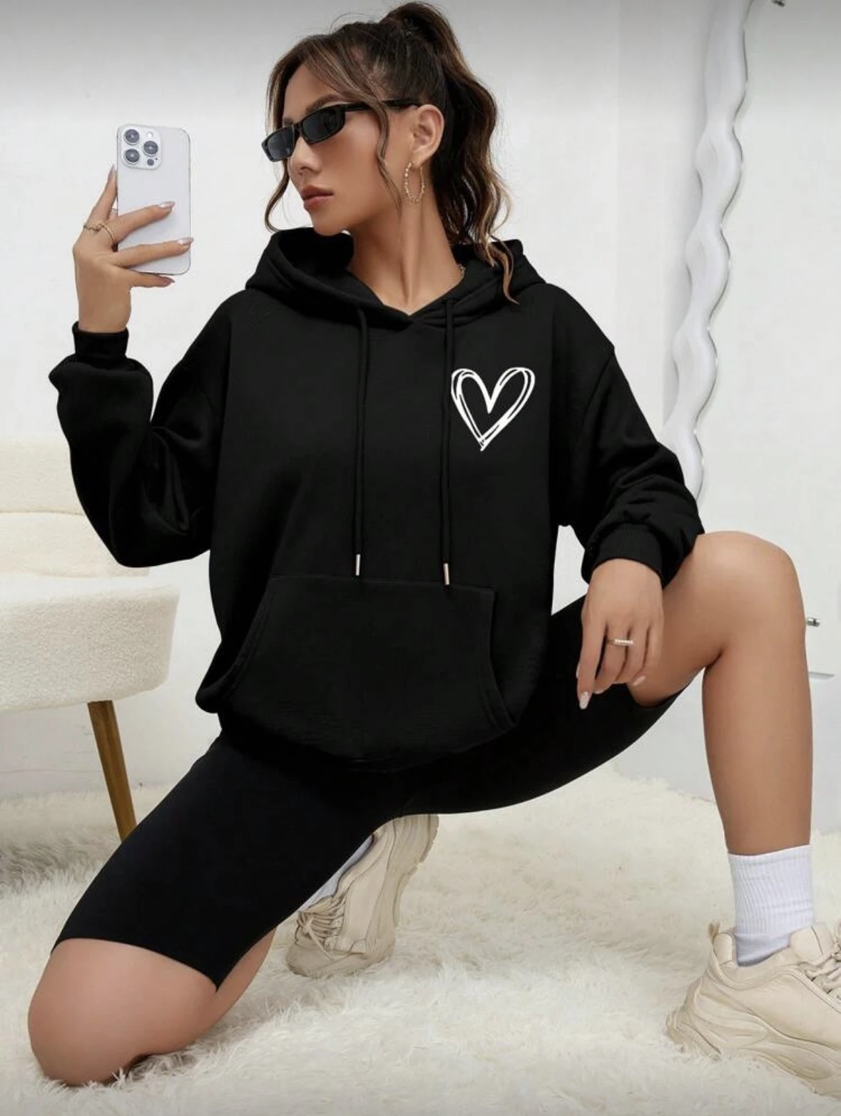Loose Casual Heart Print Hoodie Women's Comfortable Oversize Sweatirt Spring Faion Ladies' Single Piece Hat Design