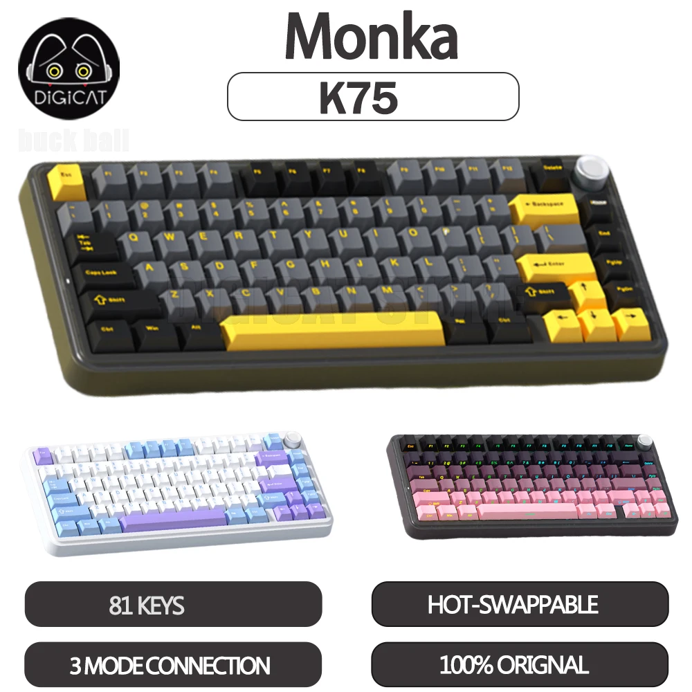 Monka K75 Mechanisch Toetsenbord 3 Modus Usb/2.4G/Bluetooth Draadloos Toetsenbord Met Knop 81key Hot Swap Custom Rgb Gamer Toetsenbord Cadeau