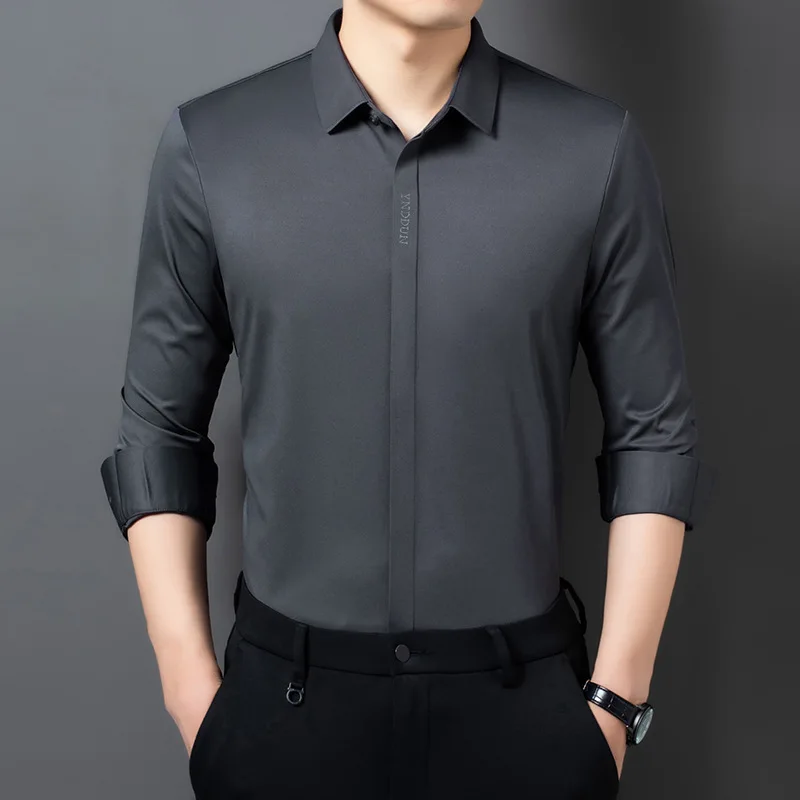 New Men's Shirt Non-Ironing Spring and Autumn High-End Business Brocade Ammonia Seamless Shirt Men's Big Brand Same Style