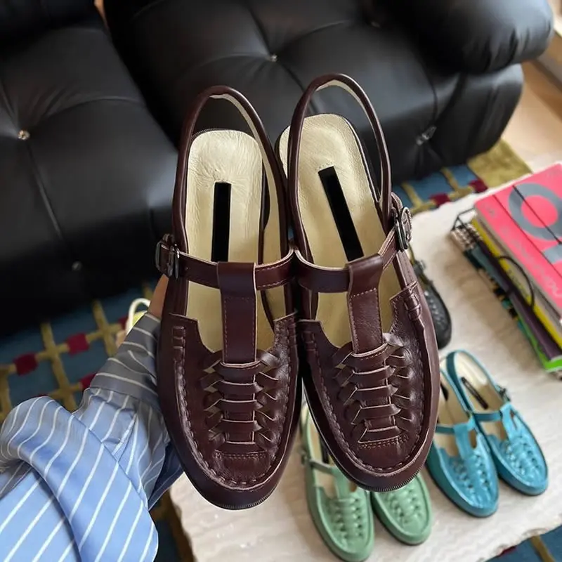 Ladies Slingback Retro Handmade Sandals Female Breathable Leather Low Heel Shoes Summer Versatile Solid Soft Sole Women Zapato