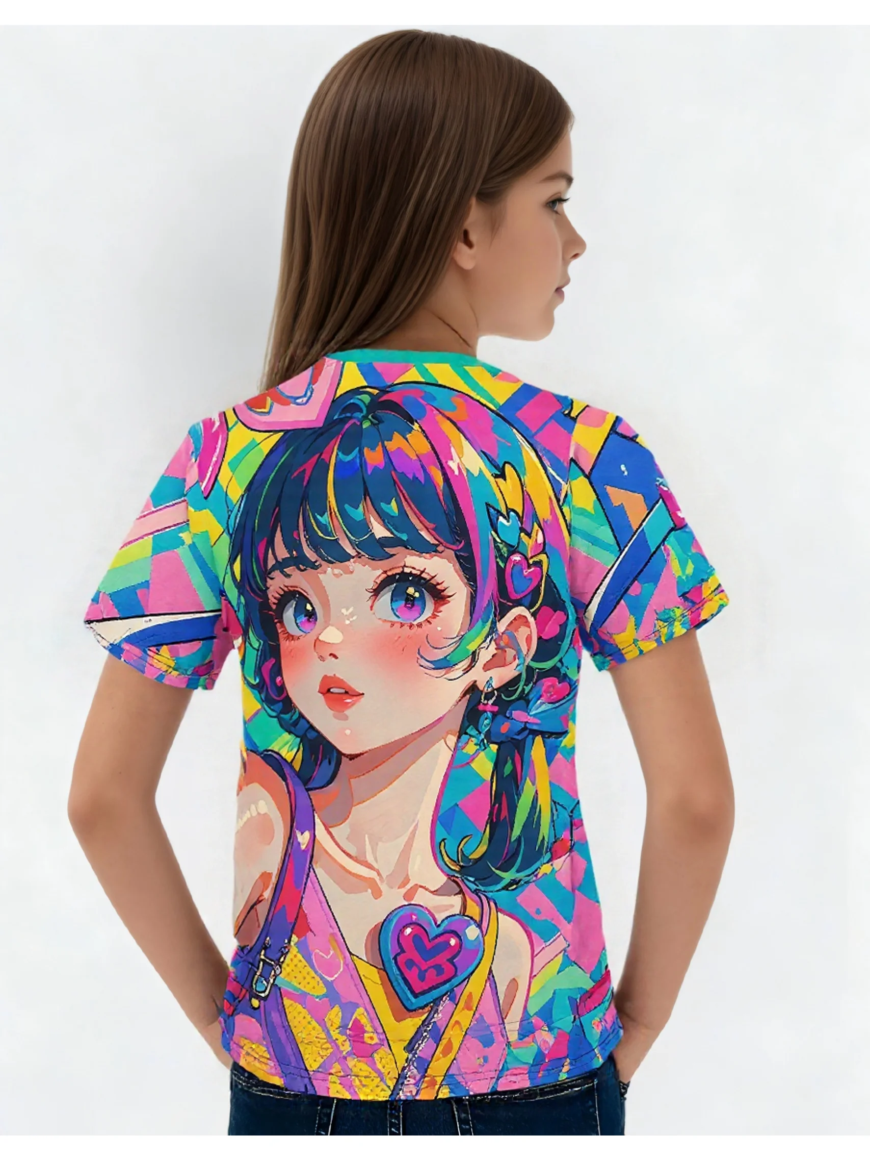 Little Girls Kawaii Anime Graphic Tee, Vibrant Multicolor Print Cute Anime Girl Kids Summer Casual T-Shirt