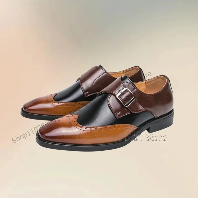 

Mixed Color Carving Design Buckle Decor Men Shoes Fashion Slip On Male Shoes Luxury Handmade Party Feast Banquet Men Dress Shoes