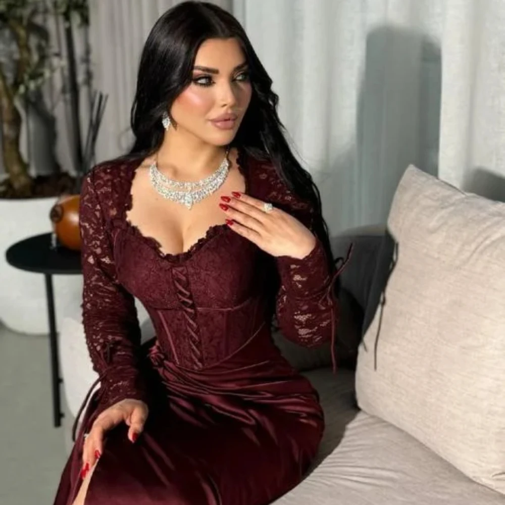 

Customized Red Sweetheart Lace Mermaid Evening Dresses Long Sleeve Side Slit Dress Sexy High Quality Prom Party Gowns for Women