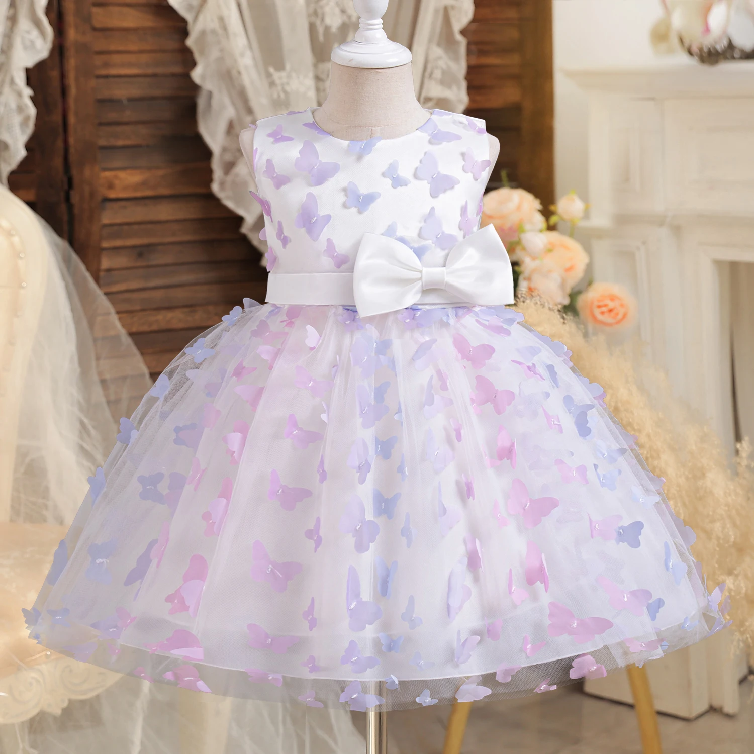 Little Girls Summer Party Dress Sequin Sleeveless Dress for Girls Princess 3D Butterfly Mesh Tutu Children Birthday Wedding Gown