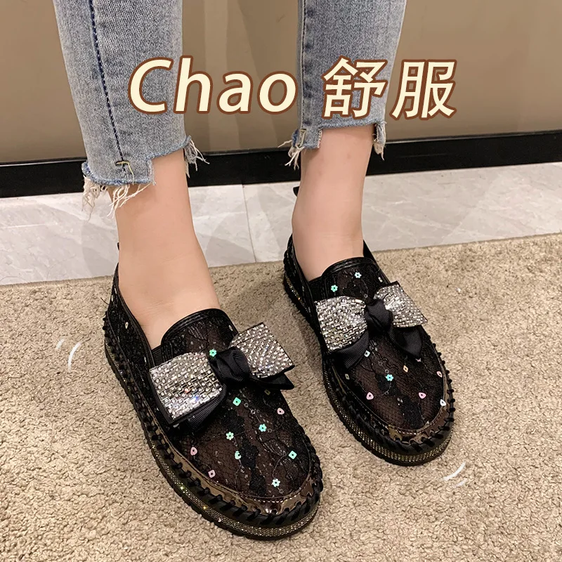 Women\'s Sandals 2024 Summer New Chunky Bottom Soft Hollo Out Mesh Flat Shoes Rhinestone Bow Breathable Sneakers Zapatillas Mujer