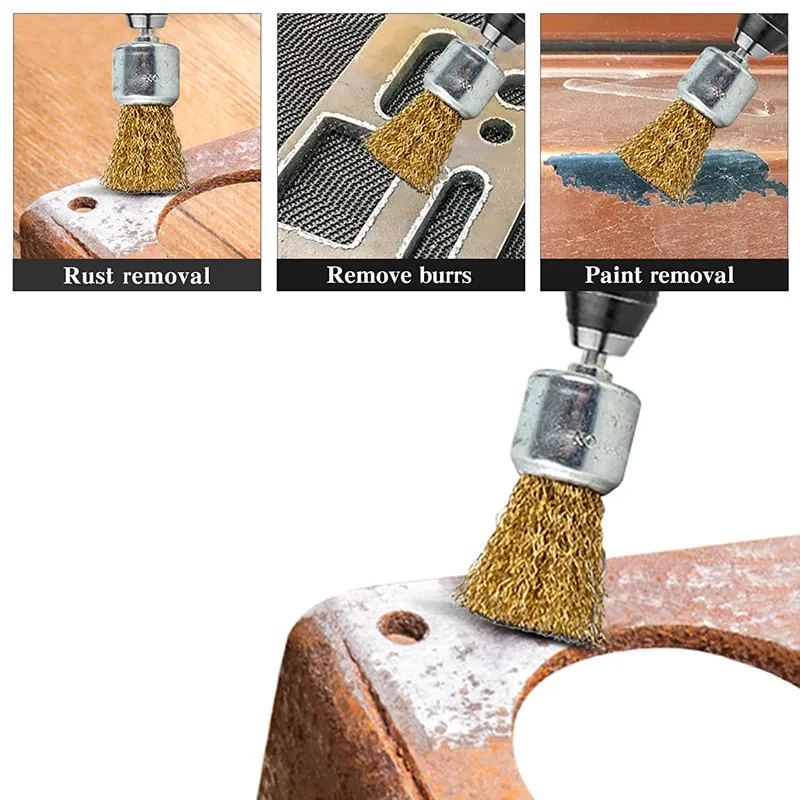 3/5/6 Stück 6mm 1/4" Schaft Messingbeschichtete Kohlenstoffstahl-Drahtbürste (Teller-/Rad-/Endbürste) für Bohrmaschinen und Rotationswerkzeuge zur Metallrostentfernung, Polieren und Reinigen – Detail 16