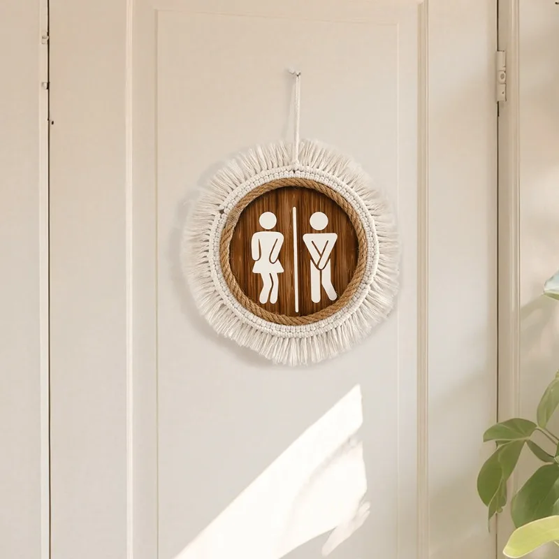 ​​​​​​​Bohemian Macrame Hanging Ornament with Cotton Rope Weaving and Fringe Tassels Handmade Decorative Sign for Bathroom Decor