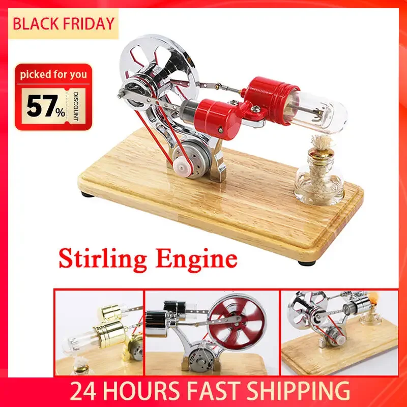 Stirling Engine Model Physical Generator with LED Wooden Base Flywheel Generator Physics Experiment Science Educational Toy Gift