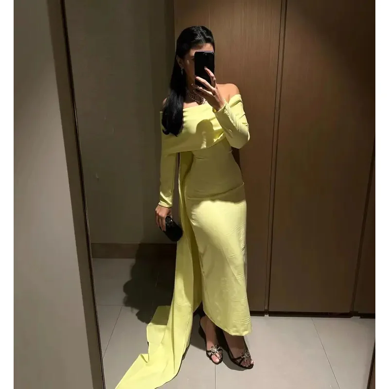 Indie customized Elegant Yellow Prom Gown Women Off Shoulder Simple Party Evening Dress Ankle Length Formal Occasion Dresses