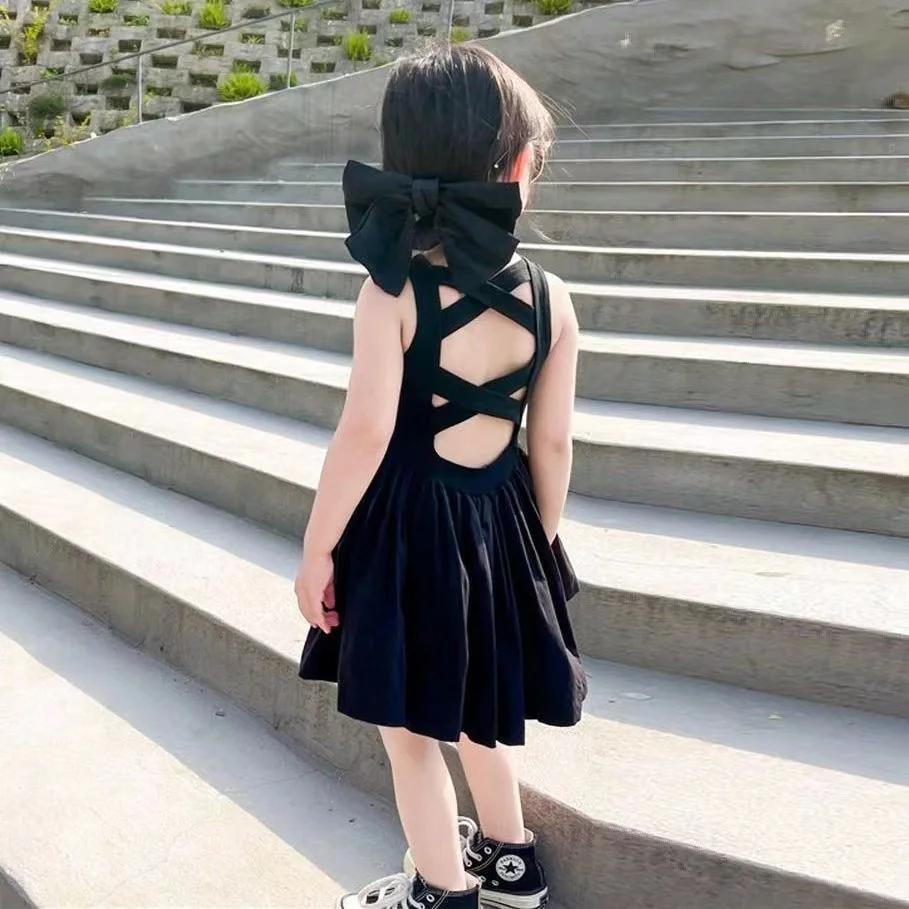 2024 Sommer Mädchen elegante Goth Kleid schwarz ärmelloses Tutu Kleid rücken frei schulter frei Party Kind Kleider 4 5 6 8 Jahre alt