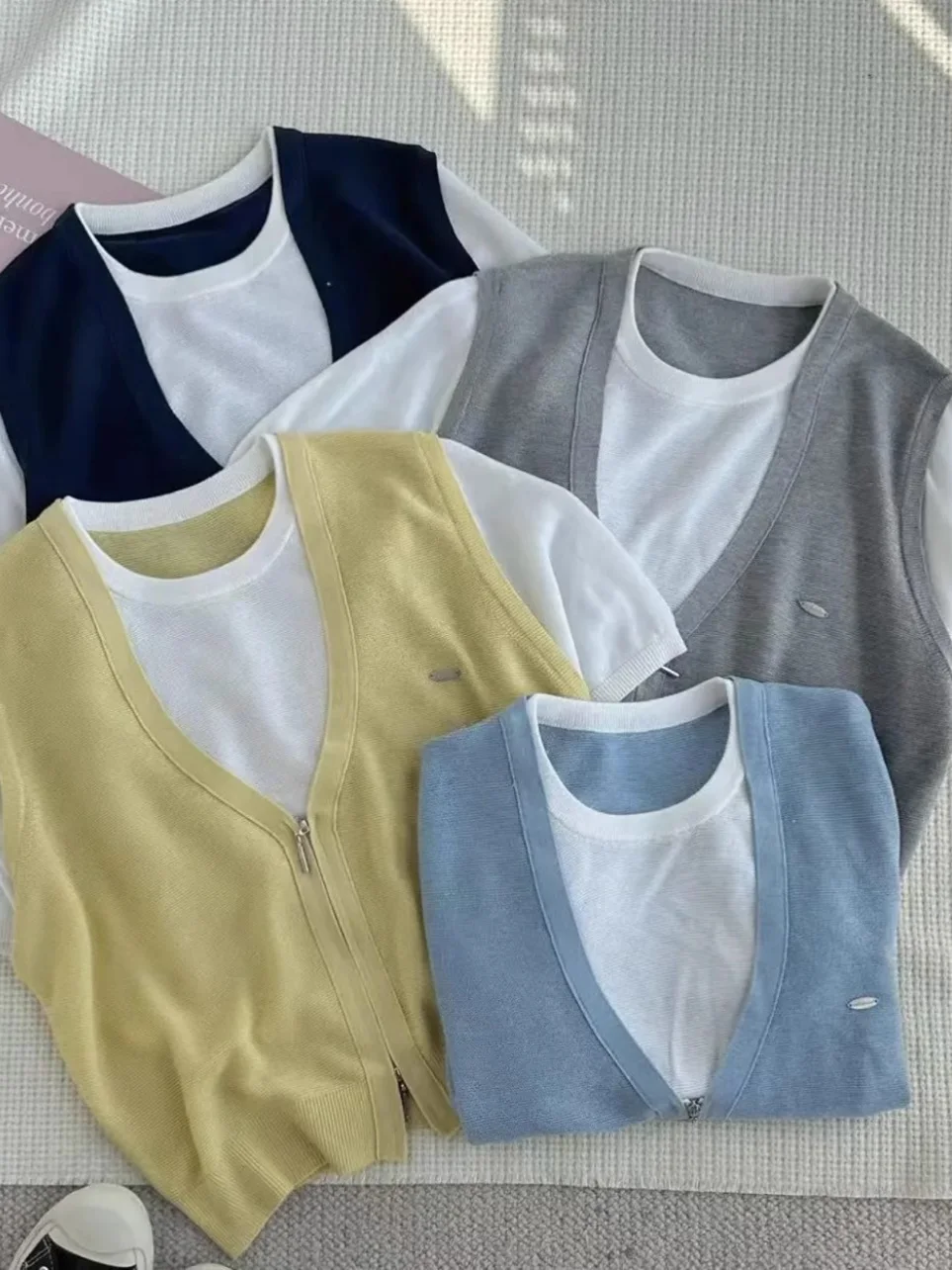 

Вязаный топ больших размеров с коротким рукавом и вставками, женский летний модный свободный топ, омолаживающий образ, в корейском стиле, для повседневной носки