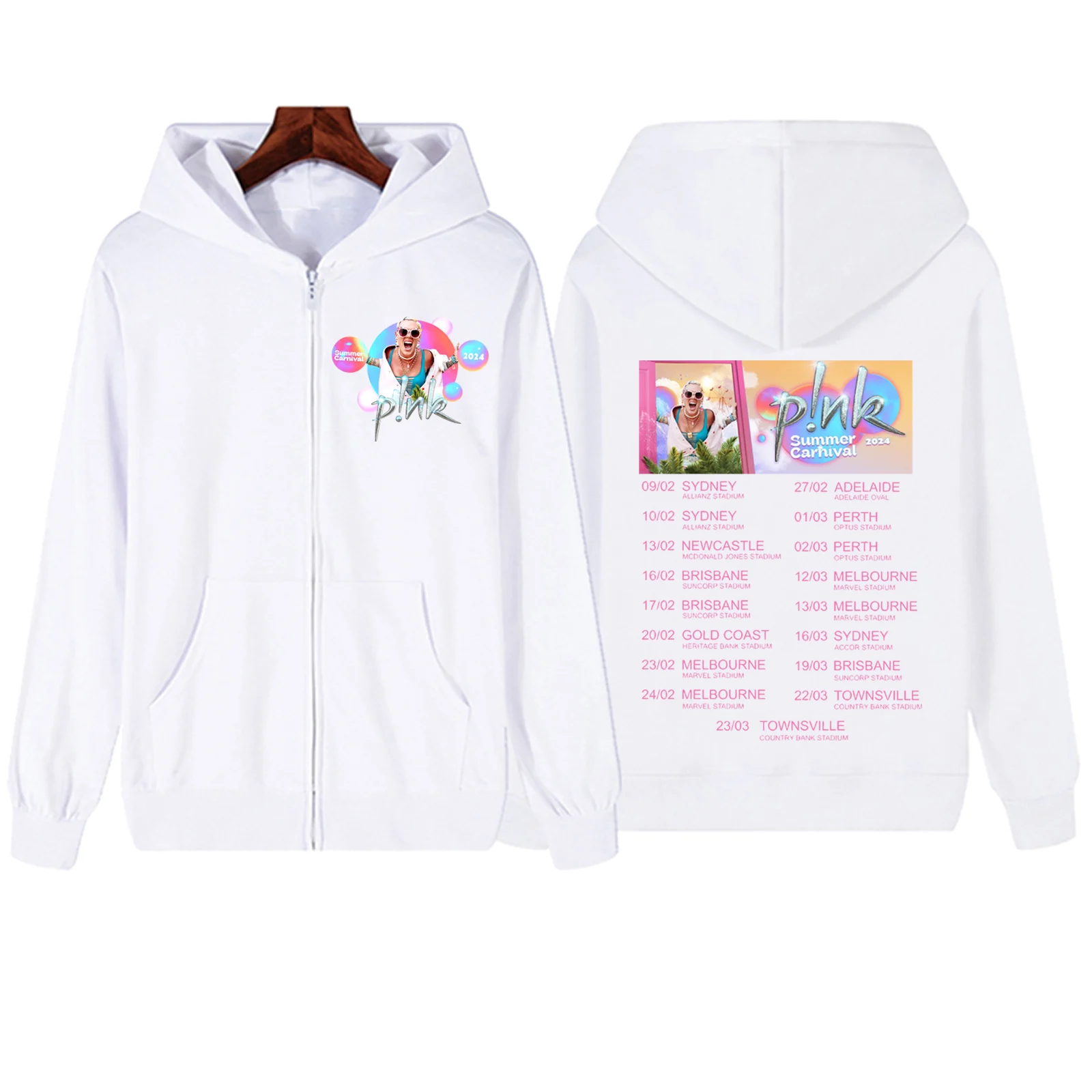 Pink Singer Summer Carnival 2024 Zipper Hoodie Sweatshirt Harajuku Pullover Tops Sweatshirt Streetwear P!nk Fans Gift