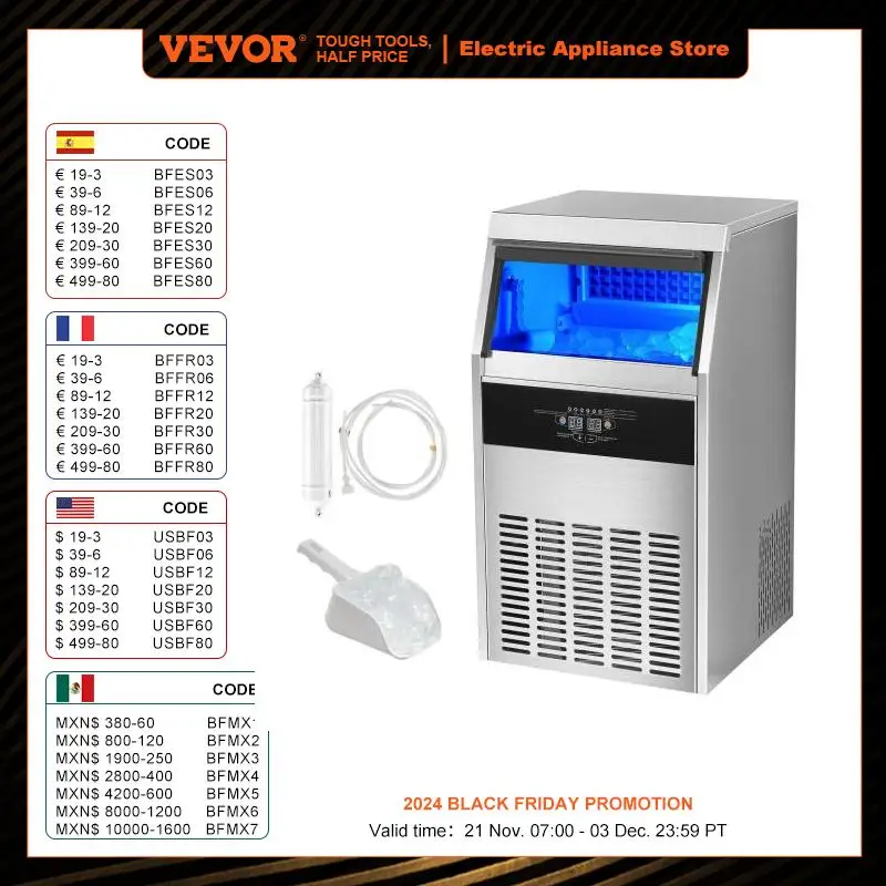 

VEVOR Commercial Ice Maker Machine 60 Ice Cubes in 12-15 Minute Freestanding Cabinet 33lbs Storage Capacity LED Digital Display