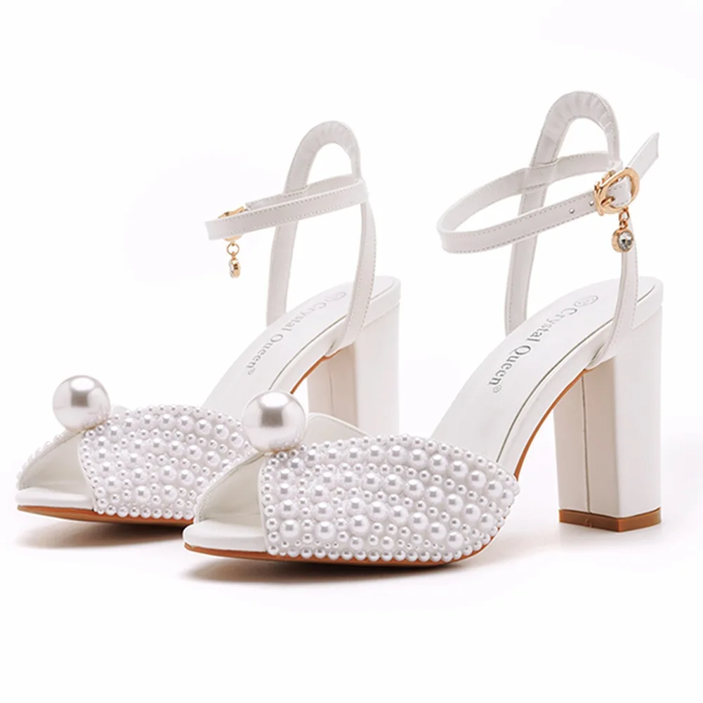 9cm thick heel fish mouth sandals square heel sandals white pearl bride wedding dress pearl wedding shoes