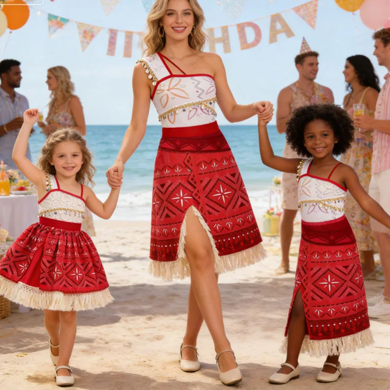 

Карнавальный костюм для всей семьи 2026: Женский костюм «Приключения в океане» Моана, короткий рукав, для мамы и детей, косплей Вайаны, платье принцессы