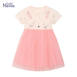 Little Maven-vestido de algodón de una pieza para niña, traje de fiesta de malla con dibujos animados de conejo, Princesa, verano de 2 a 7 años, 2023