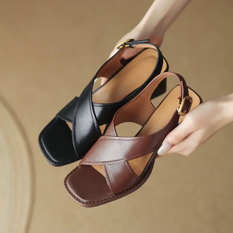 

Women's Flats Sandals Genuine Leather Cross Strap Open Toe Summer Casual Female Footwear High Quality Soft Comfortable Plus Size